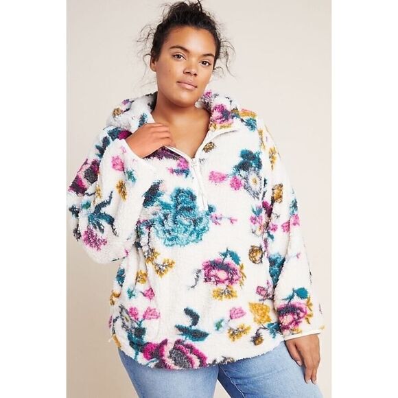 ANTHROPOLOGIE Rosemarie Hooded Sherpa Jacket Teddy Sweater Floral XS - Picture 2 of 12